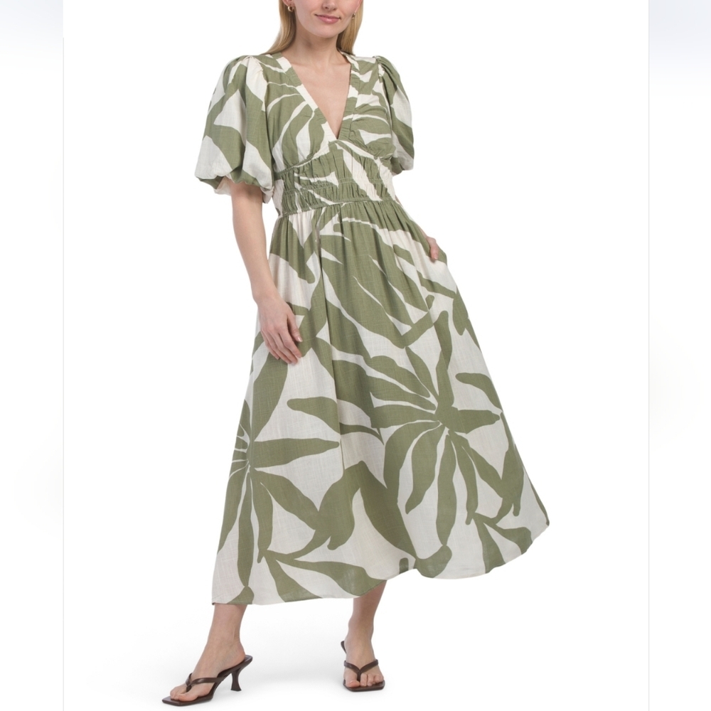 White Closet Sage Linen Blend Puff Sleeve Midi Dress